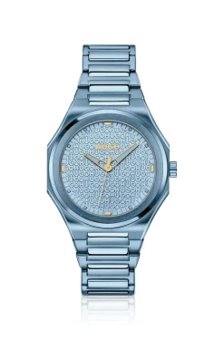 Blue-steel watch with logo-textured dial