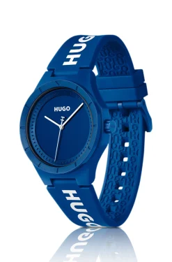 Blue watch with silicone logo strap