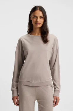 Boat-neck sweatshirt in melange jersey with logo plate