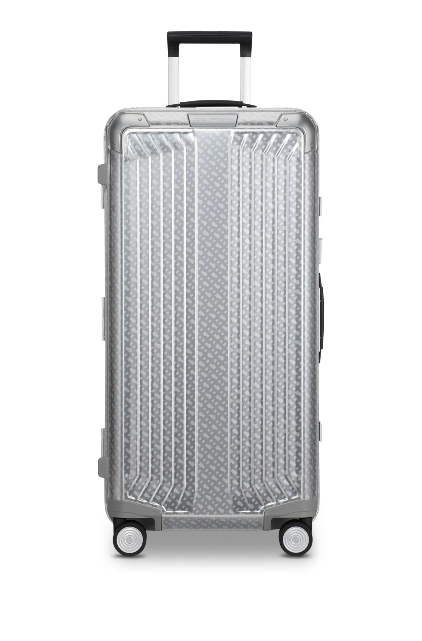BOSS x Samsonite silver aluminium trunk suitcase 80cm