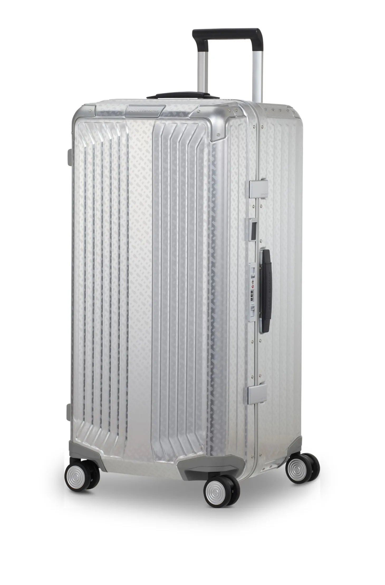 BOSS x Samsonite silver aluminium trunk suitcase 80cm