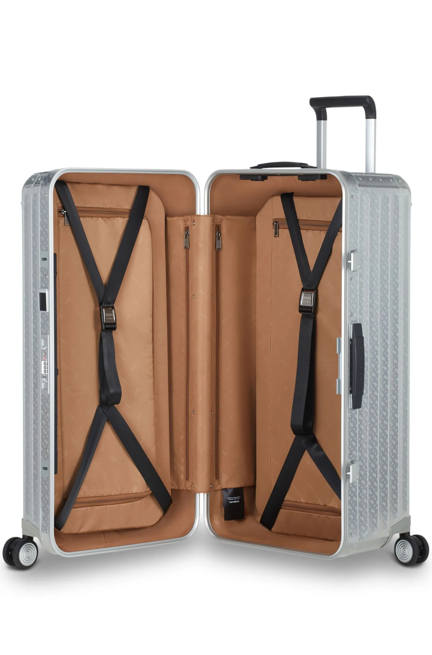 BOSS x Samsonite silver aluminium trunk suitcase 80cm