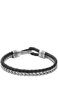 Braided cuff in black leather and stainless steel