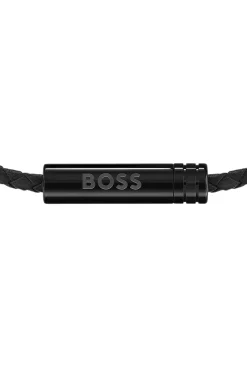 Braided cuff in black leather with logo plaque