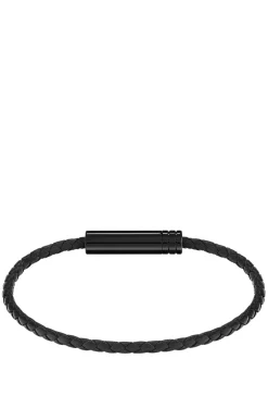 Braided cuff in black leather with logo plaque