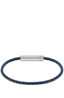 Braided cuff in blue leather with logo plaque