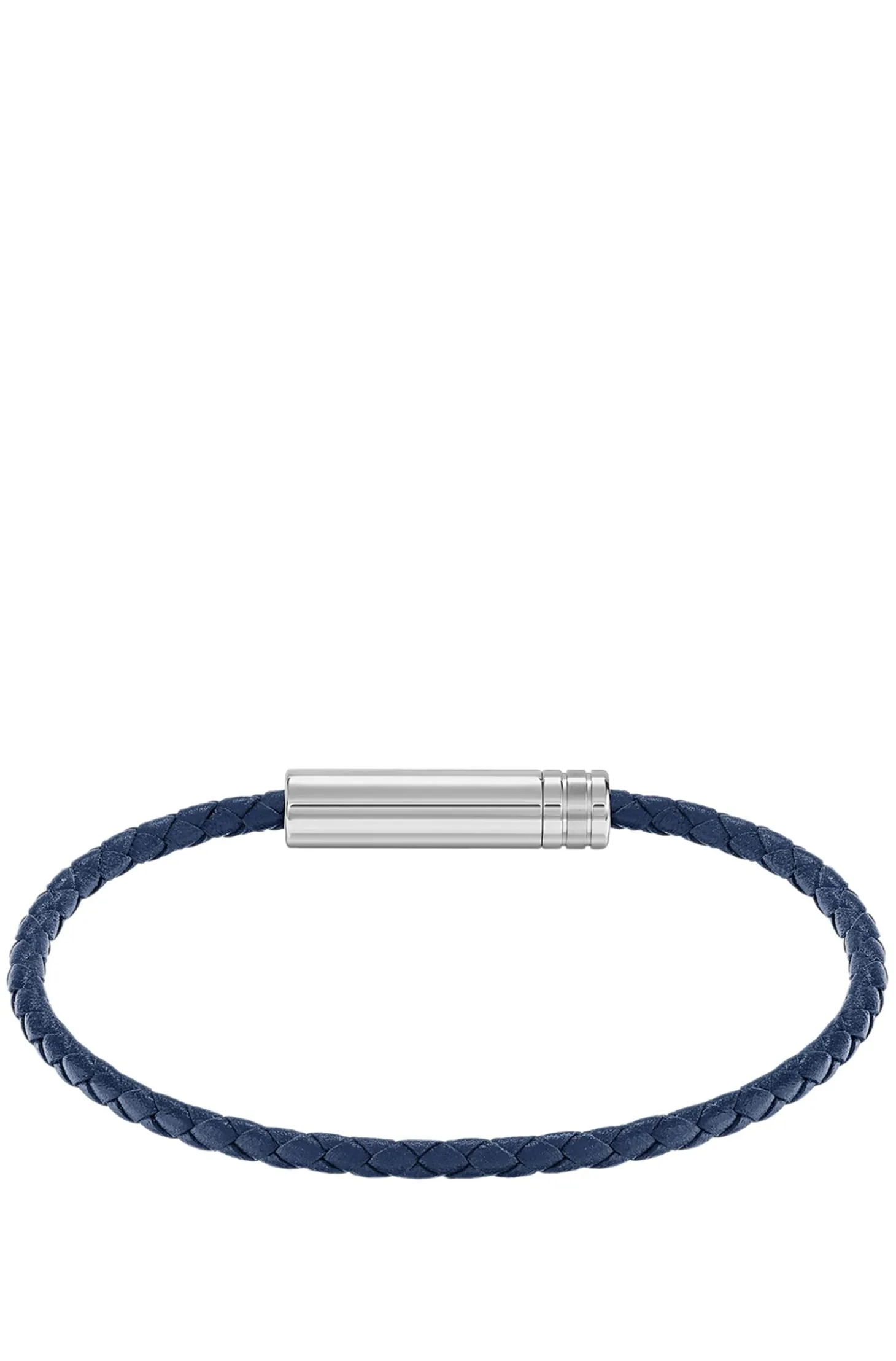 Braided cuff in blue leather with logo plaque