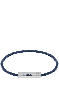 Braided cuff in blue leather with logo plaque