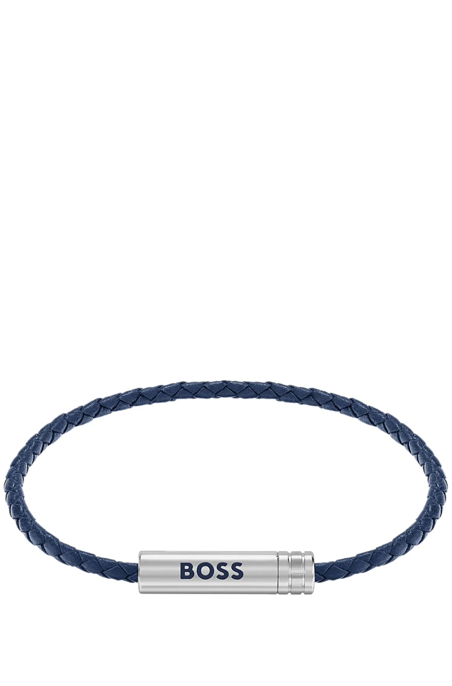 Braided cuff in blue leather with logo plaque