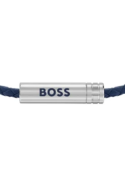 Braided cuff in blue leather with logo plaque