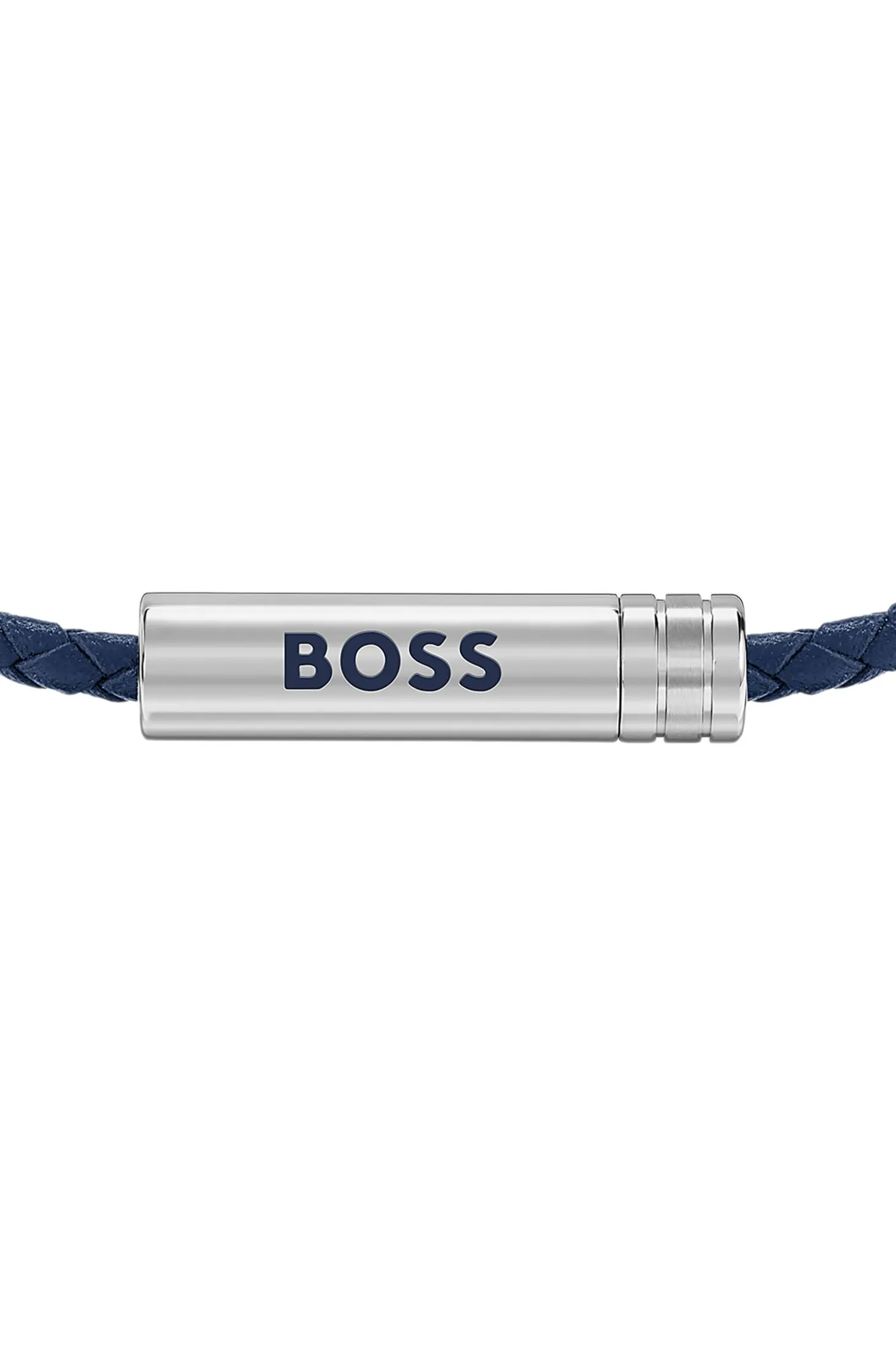 Braided cuff in blue leather with logo plaque