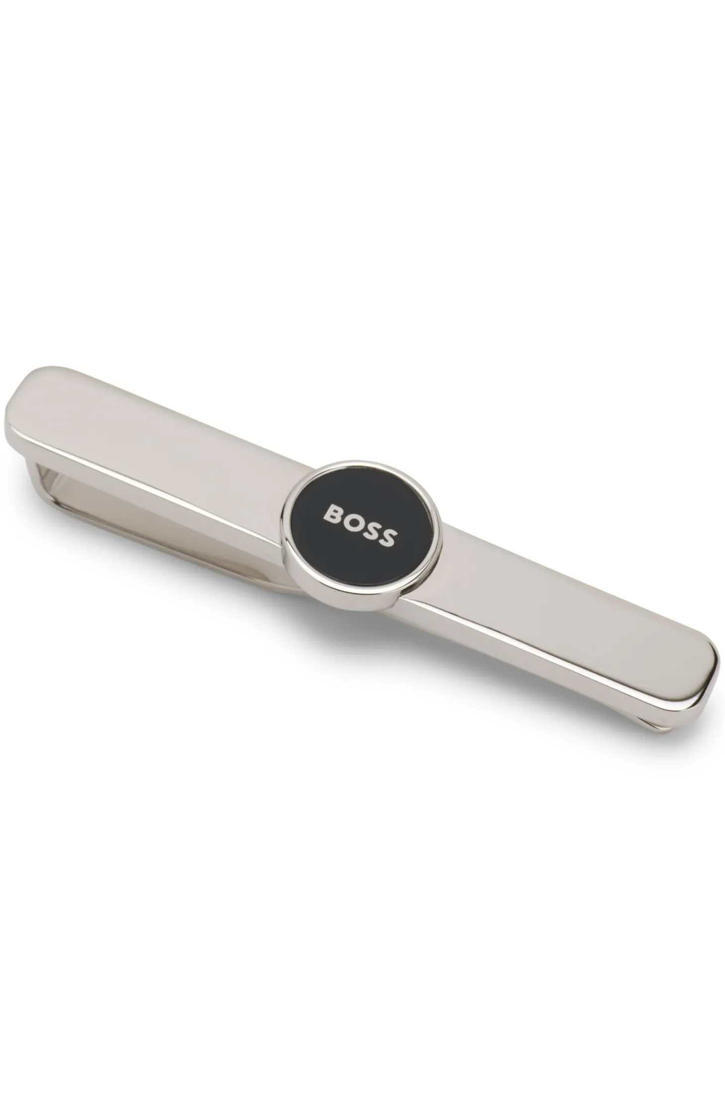 Brass tie clip with round logo detail