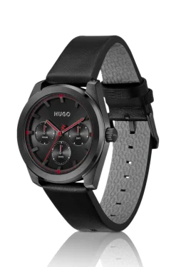 #BRIGHT SPORT Black-plated watch with tonal leather strap