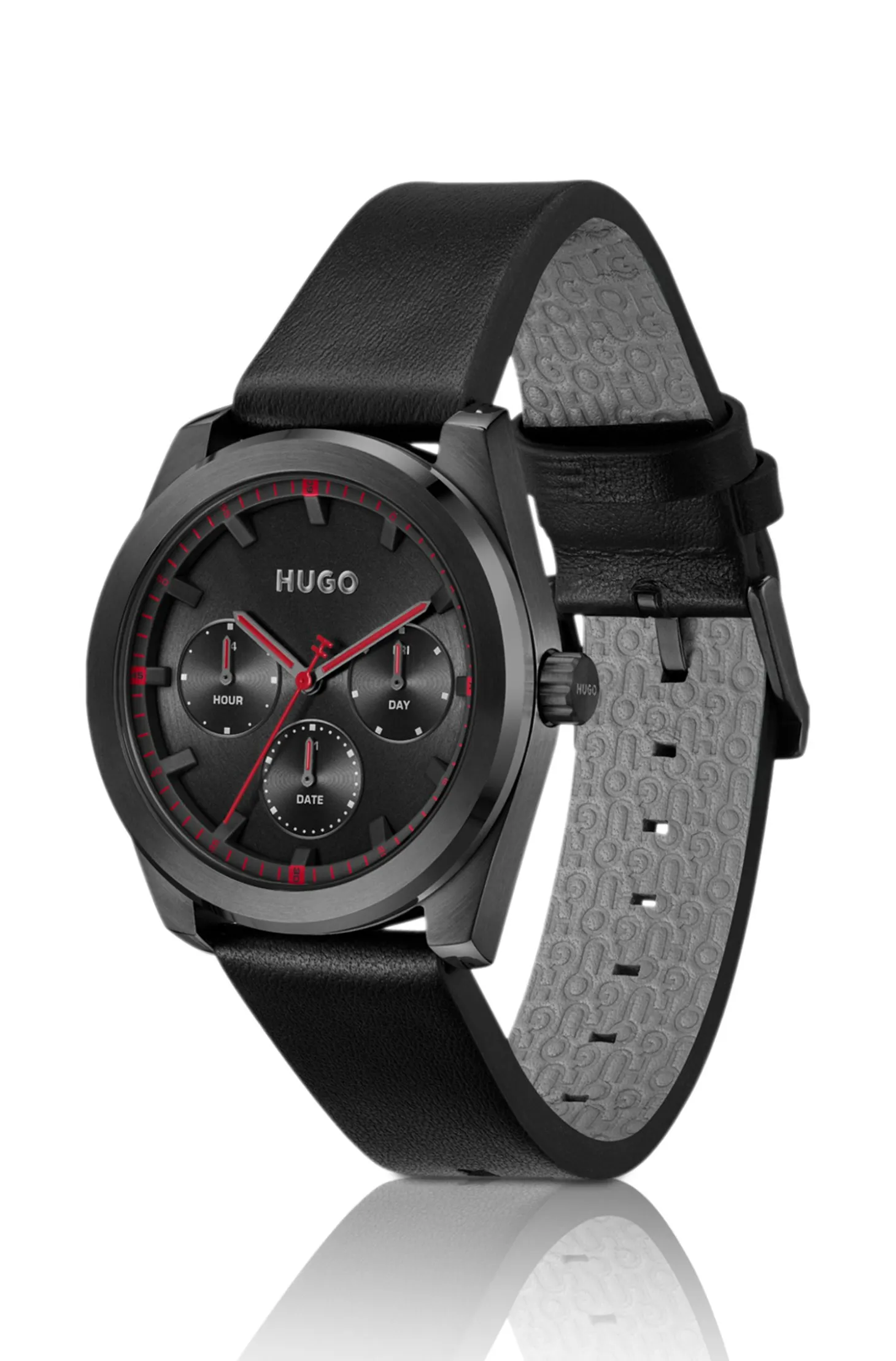 #BRIGHT SPORT Black-plated watch with tonal leather strap