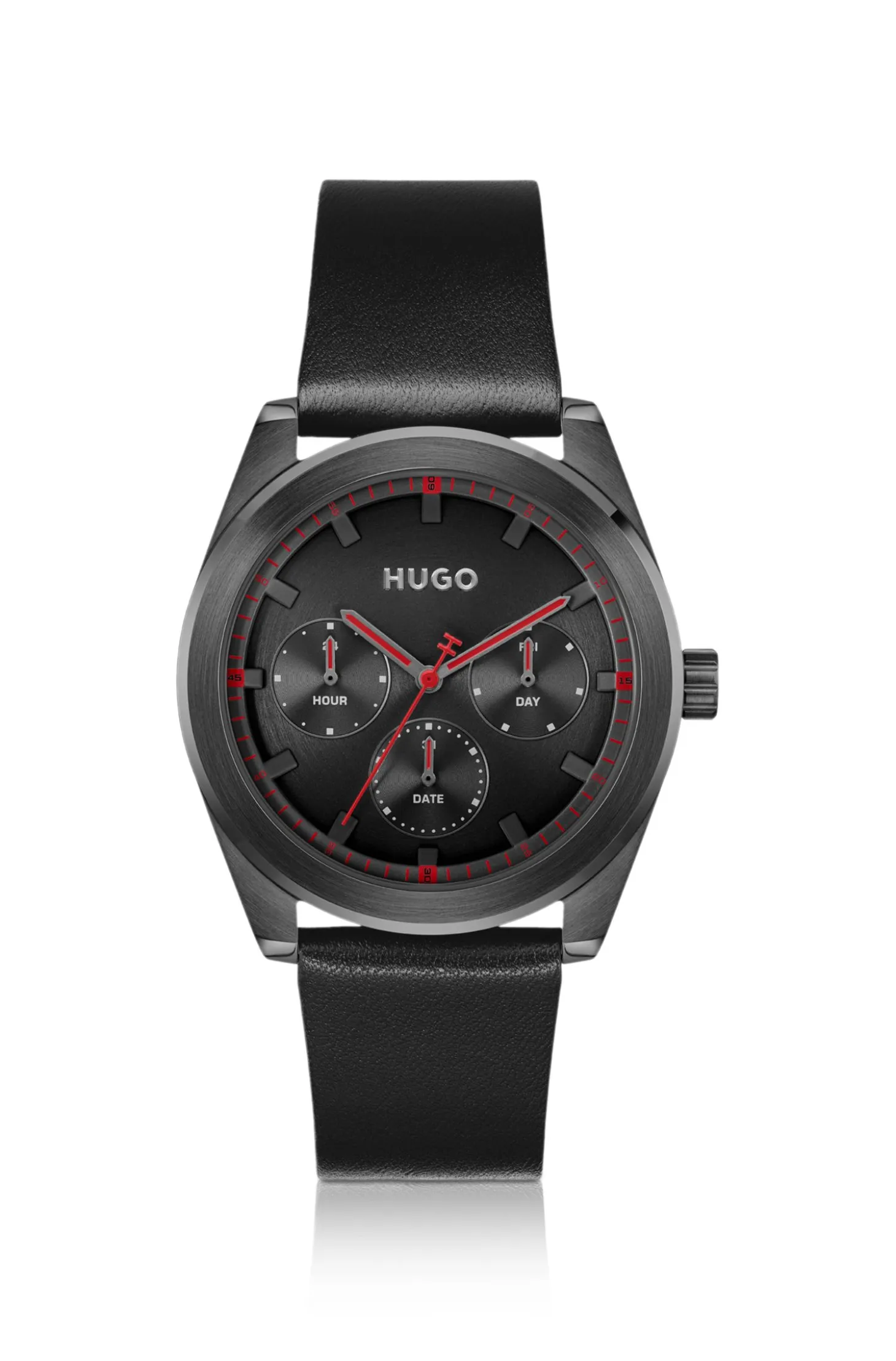 #BRIGHT SPORT Black-plated watch with tonal leather strap