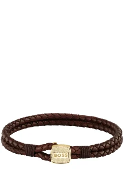 Brown braided-leather cuff with gold-tone closure