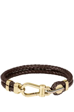 Brown braided-leather cuff with gold-tone carabiner closure