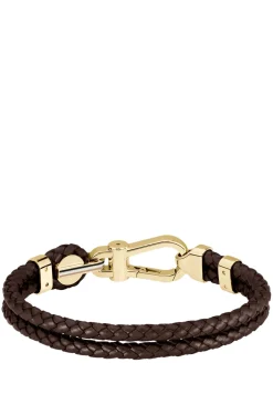 Brown braided-leather cuff with gold-tone carabiner closure