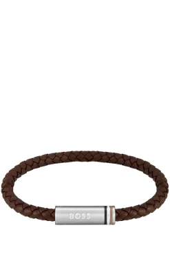 Brown braided-leather cuff with magnetic logo closure