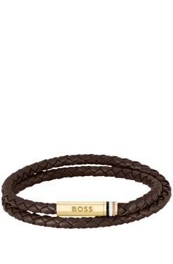 Brown braided-leather cuff with logo closure