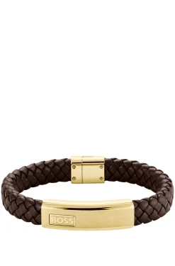 Brown braided-leather cuff with gold-tone logo plate