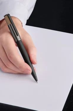 Brushed ballpoint pen with camel-coloured trim