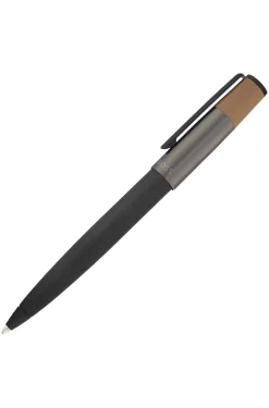 Brushed ballpoint pen with camel-coloured trim