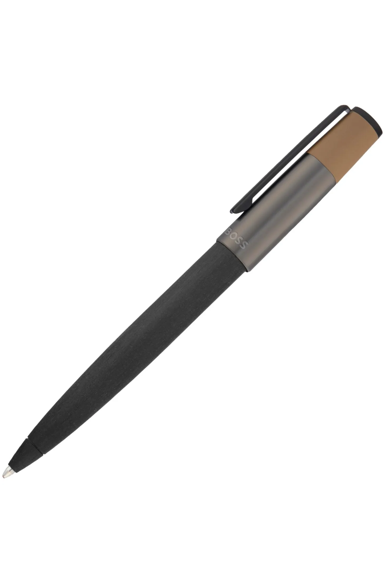 Brushed ballpoint pen with camel-coloured trim