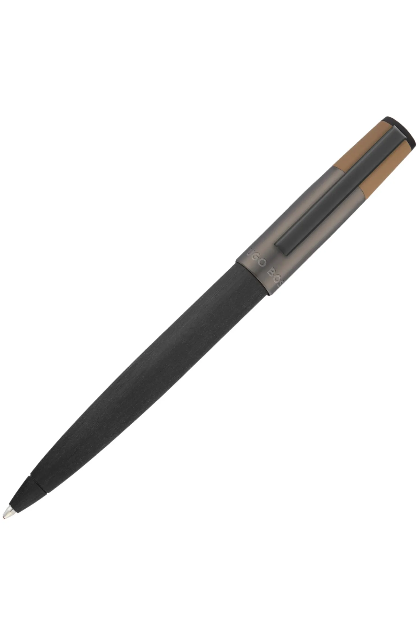 Brushed ballpoint pen with camel-coloured trim