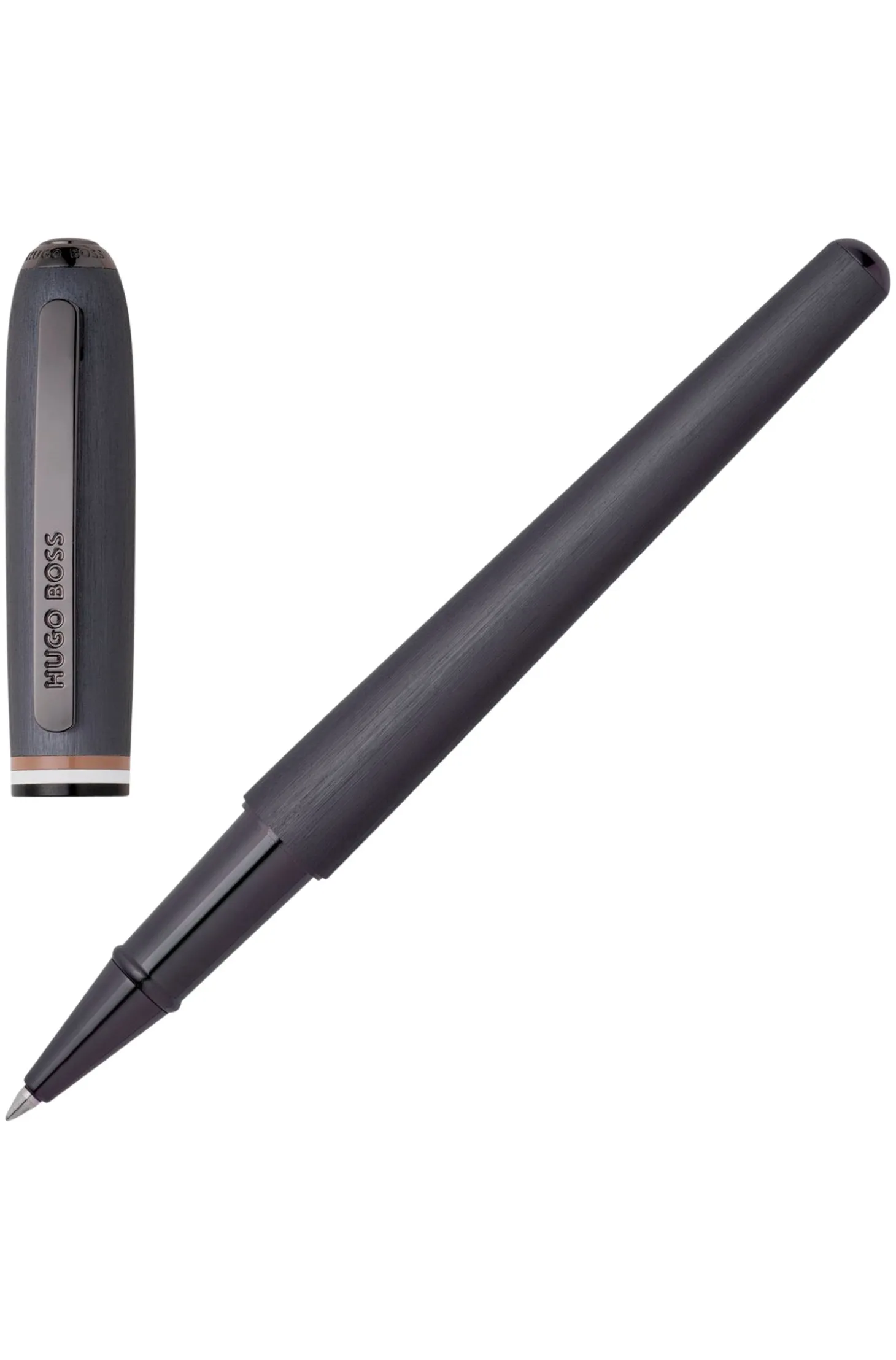 Brushed rollerball pen with signature-stripe ring