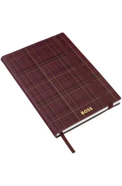 Burgundy check-print A5 notebook with gold-tone logo