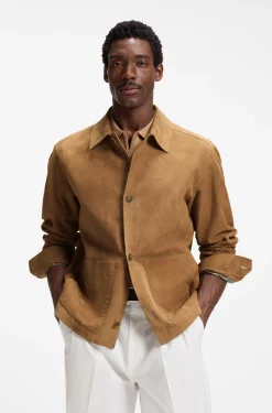 Button-up jacket in suede with checked lining