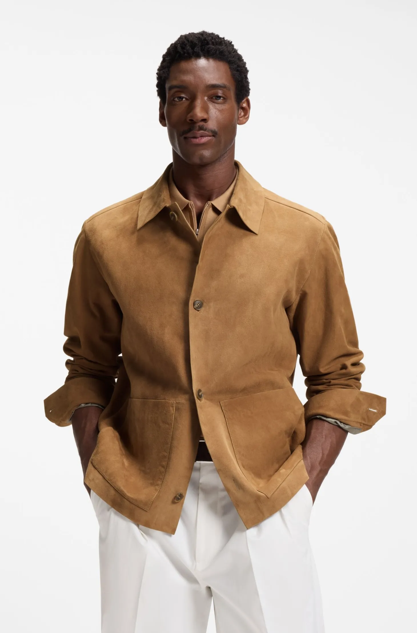 Button-up jacket in suede with checked lining