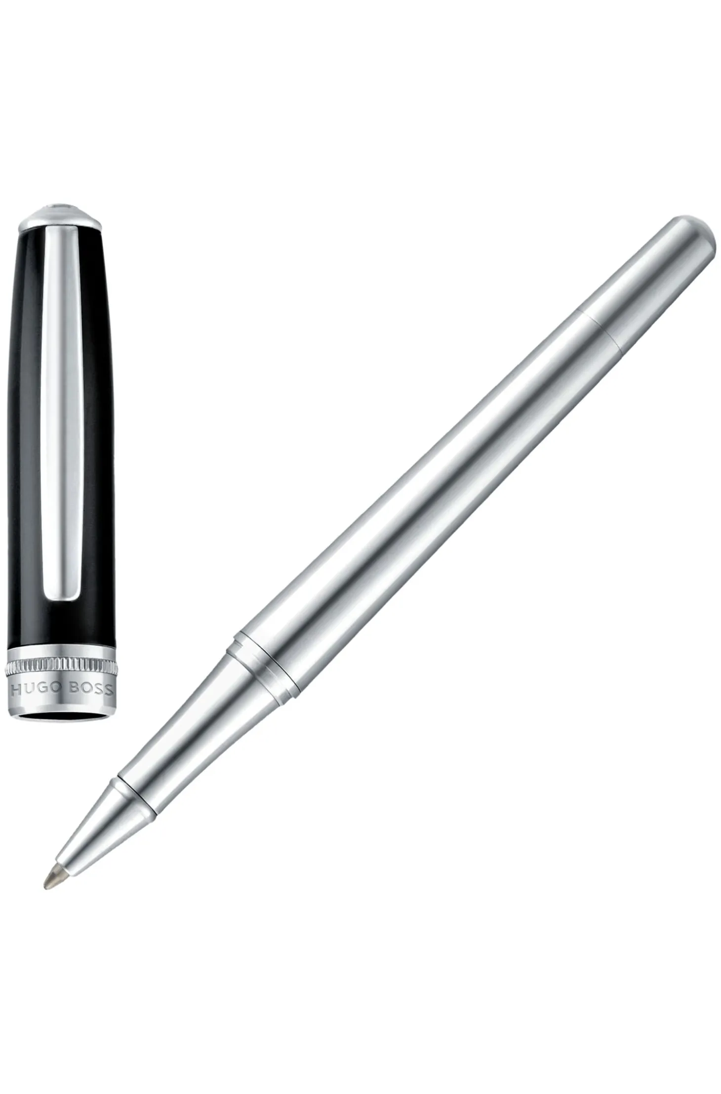 Chrome-plated rollerball pen with black-lacquered cap