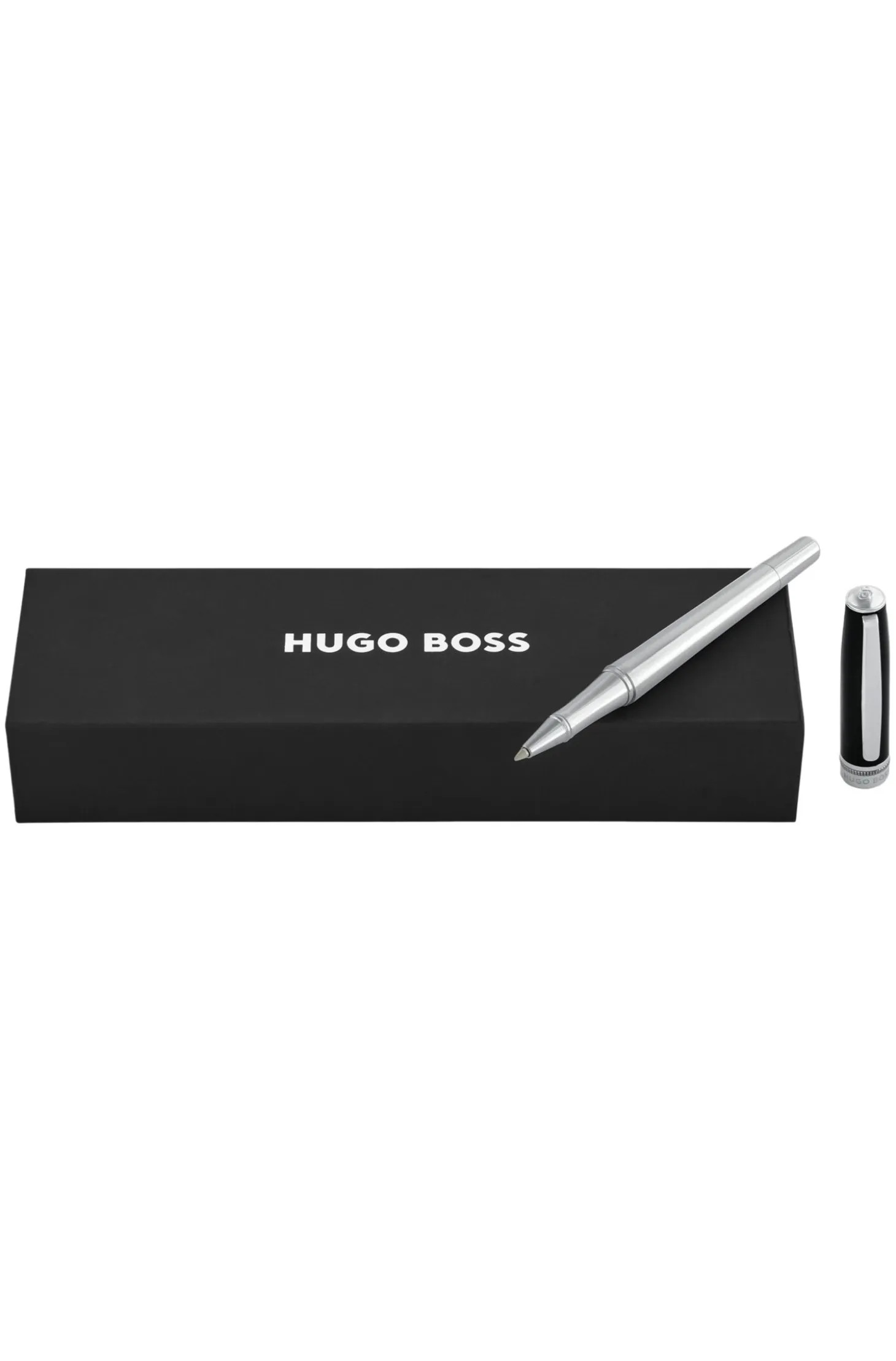 Chrome-plated rollerball pen with black-lacquered cap