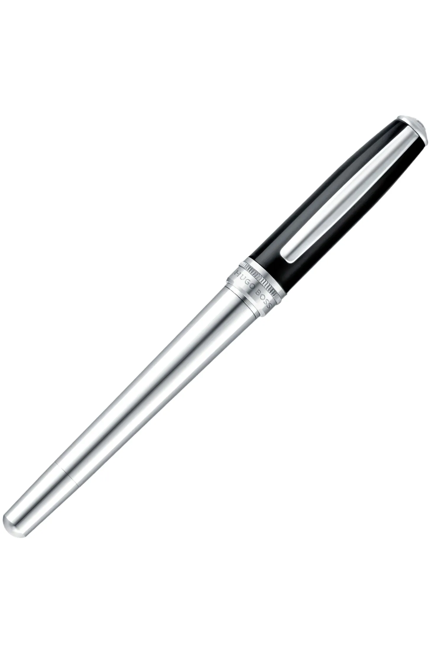 Chrome-plated rollerball pen with black-lacquered cap