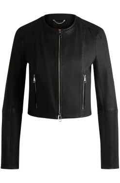 Collarless leather jacket in a slim fit
