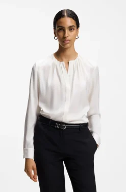 Collarless regular-fit blouse in stretch silk