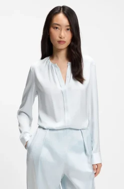 Collarless regular-fit blouse in stretch silk