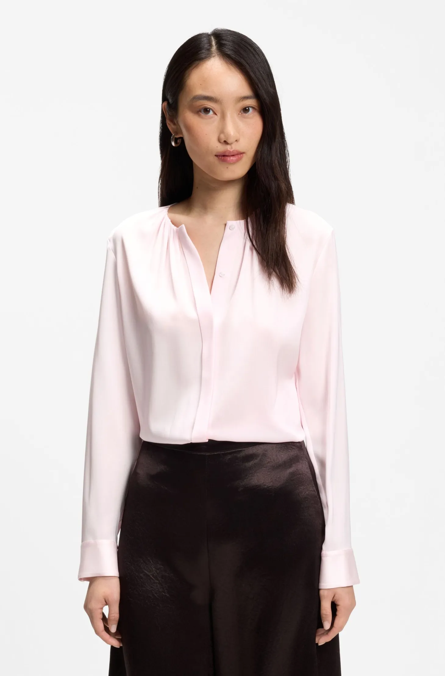 Collarless regular-fit blouse in stretch silk