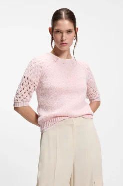 Cotton-blend sweater with open-knit sleeves