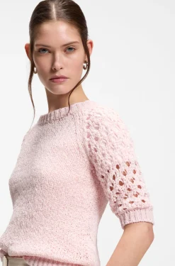 Cotton-blend sweater with open-knit sleeves