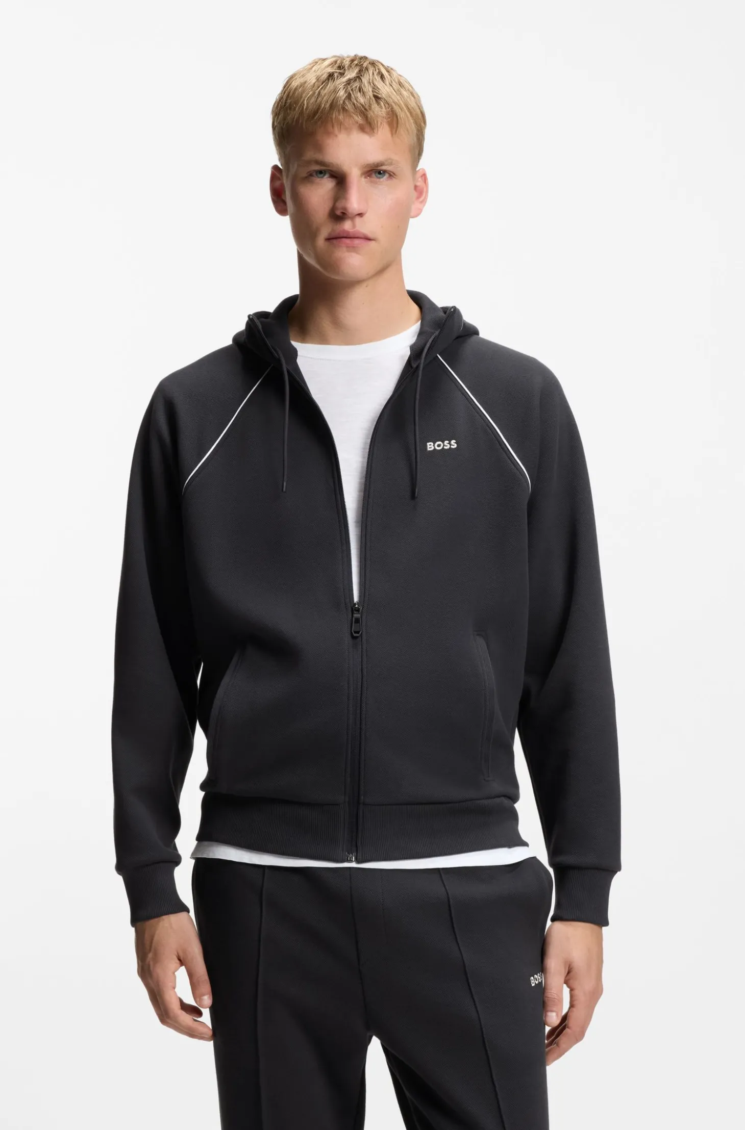 Cotton-blend zip-up hoodie with piping details