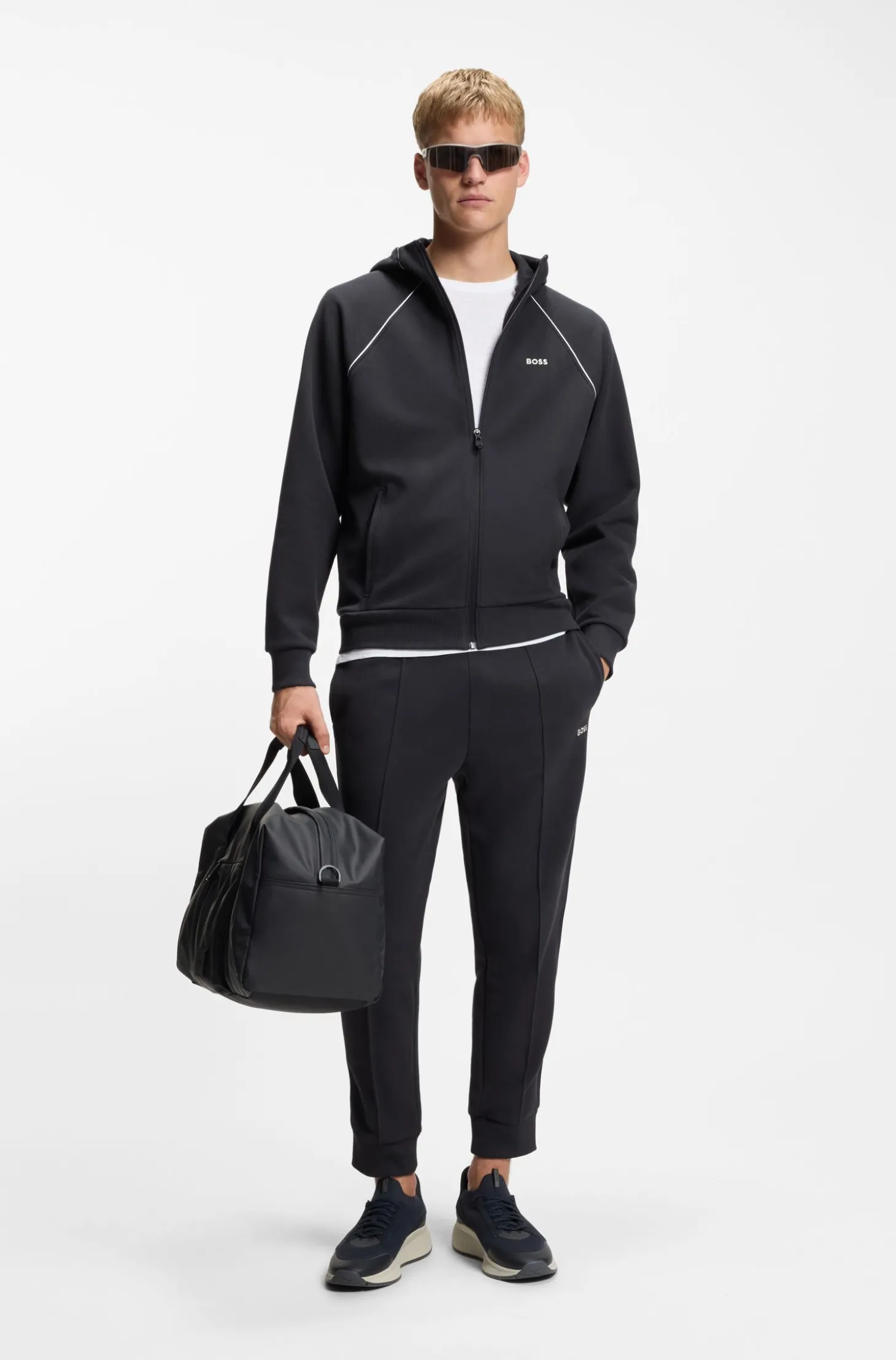 Cotton-blend zip-up hoodie with piping details