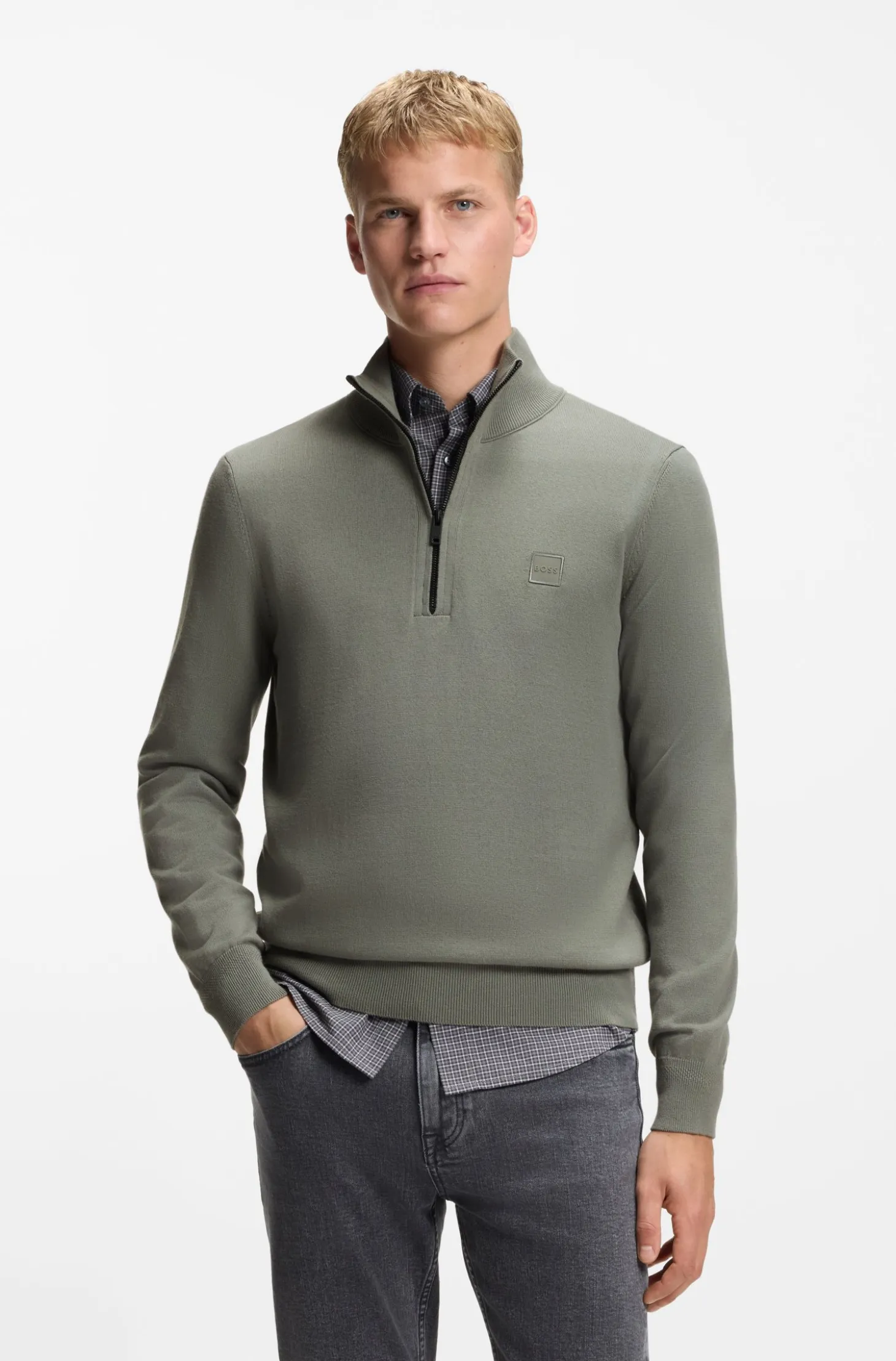 Cotton-cashmere sweater with zip collar