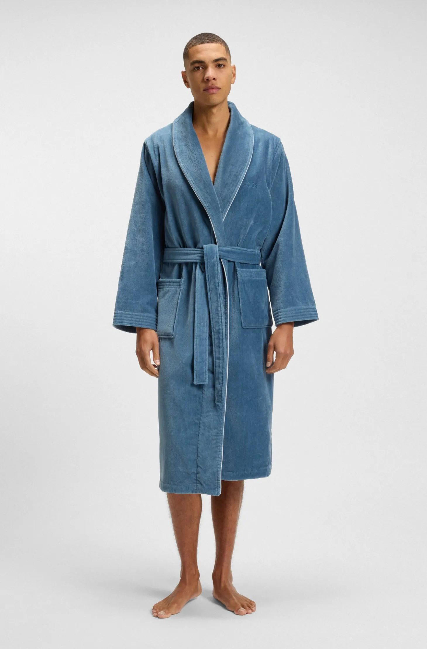 Cotton dressing gown with piping and embroidered branding