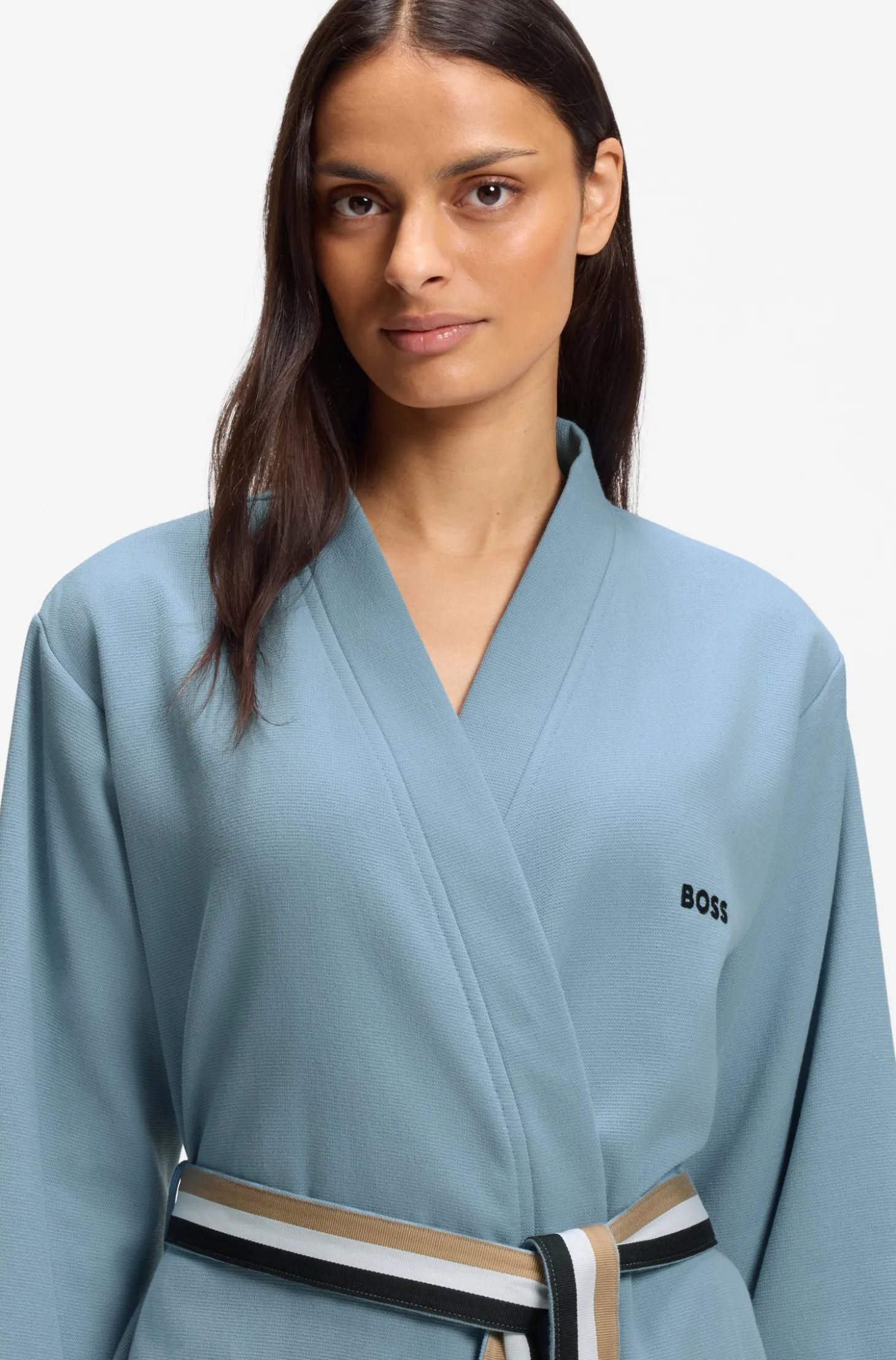 Cotton dressing gown with signature-stripe belt