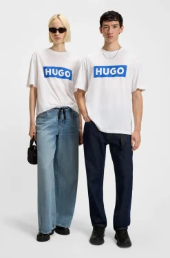 Cotton-jersey T-shirt with blue logo print