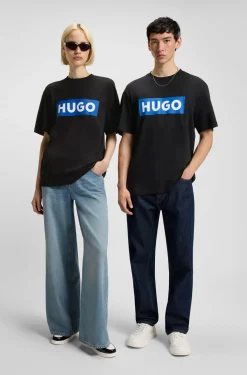 Cotton-jersey T-shirt with blue logo print