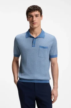 Cotton-silk knit polo with geometric pattern